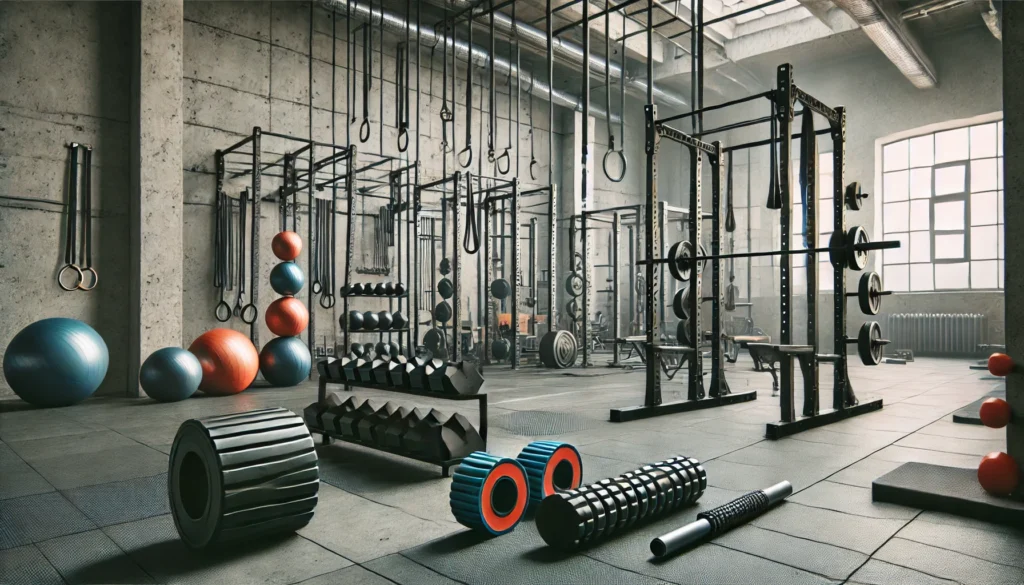 An industrial-style gym featuring squat racks, resistance bands, and foam rollers, arranged in a spacious, open area for functional movement and recovery exercises.