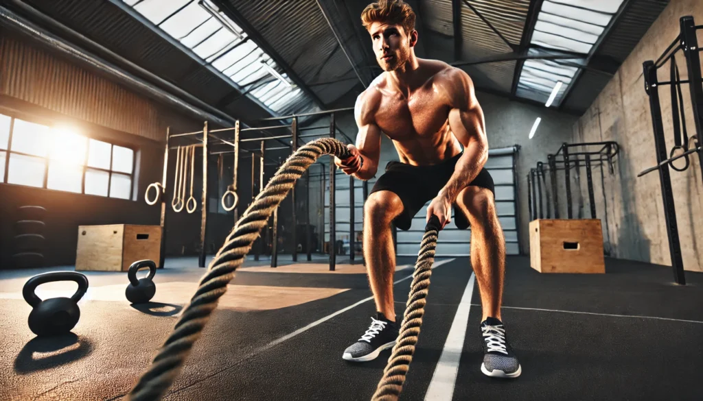 How a Functional Training Personal Trainer Can Elevate Your Strength and Mobility 2 A muscular man performing an intense battle rope exercise in a modern functional training gym. The gym has rubber flooring, squat racks, and kettlebells in the background, creating an industrial yet energetic training space.