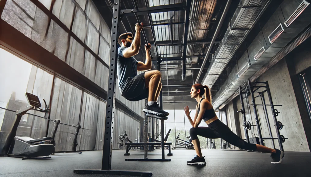 Dynamic Core Exercises: Build Strength, Stability, and a Powerful Midsection 2 A fit man performing hanging leg raises on a pull-up bar, while a woman does a plank with a resistance band around her legs in a sleek, well-lit gym. The scene highlights strength and endurance through dynamic core exercises.