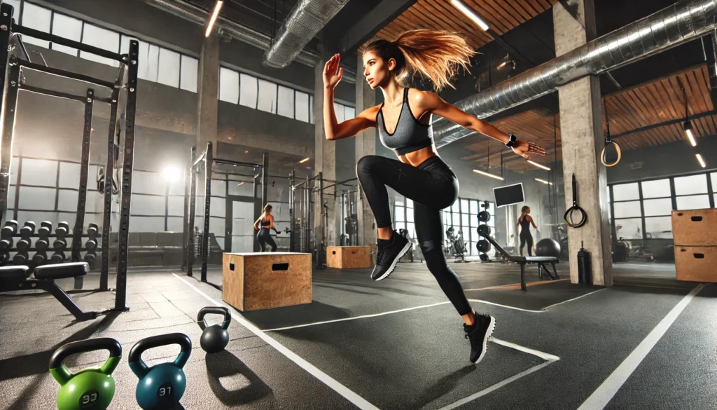 A fit woman performing dynamic cardio movements in a spacious gym. She is engaged in an intense workout, showcasing strength and endurance. The gym features rubber flooring, workout stations, and bright lighting, with various fitness equipment visible in the background.