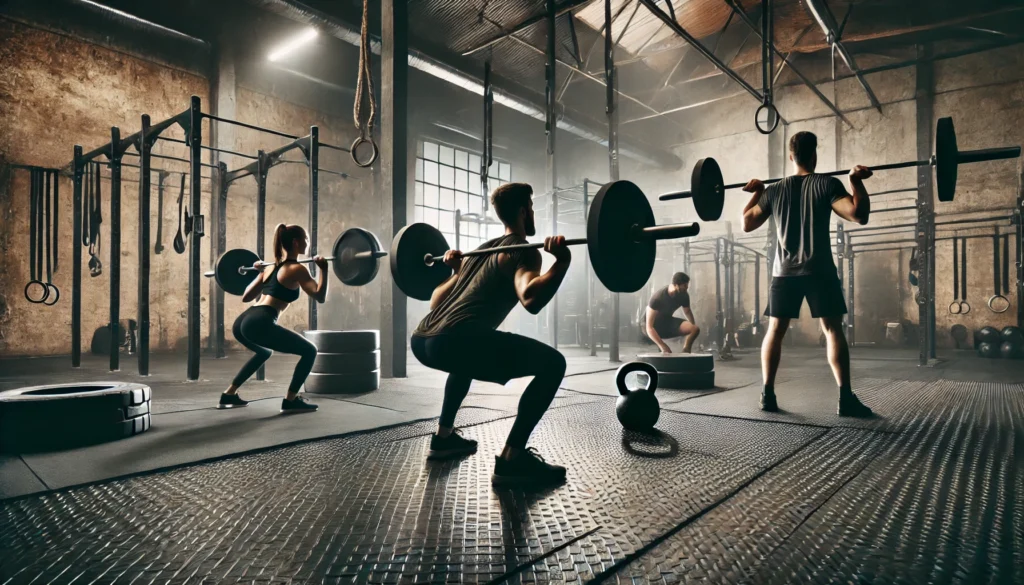 Functional Strength Training: The Key to Mobility, Power, and Everyday Performance 3 A high-intensity functional fitness gym with athletes performing barbell squats, kettlebell Turkish get-ups, and sled drags. The setting features black rubber flooring, rugged gym equipment, and dim industrial lighting, creating a focused and powerful training environment.
