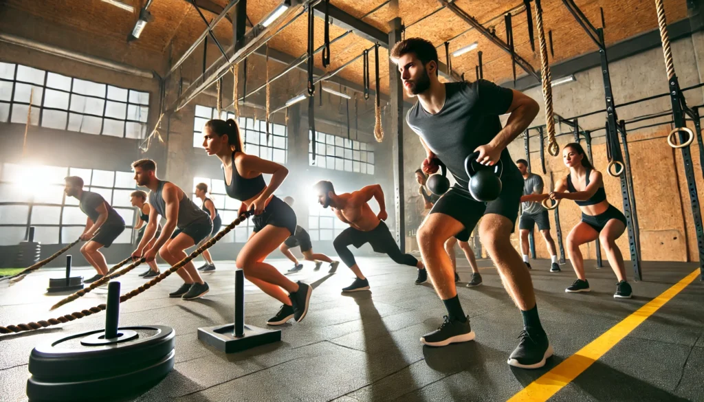 A group of athletes performing HIIT functional training in a modern gym, engaging in kettlebell swings, sled pushes, and jump squats. The gym environment is energetic, featuring battle ropes, pull-up bars, and medicine balls.
