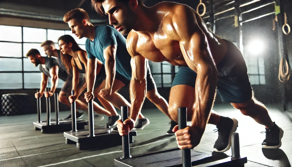 A group of fit individuals performing sled pushes in a gym, showcasing determination, muscle engagement, and sweat as they engage in high-intensity functional training.