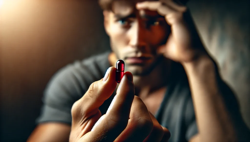 Can Too Much Iron Make You Tired? Understanding the Impact on Energy Levels 1 A close-up of a person's hand holding a red iron supplement pill, with a concerned expression in the background. The lighting is moody, highlighting the intensity of iron intake. The softly blurred background emphasizes the potential effects of excess iron on energy levels.