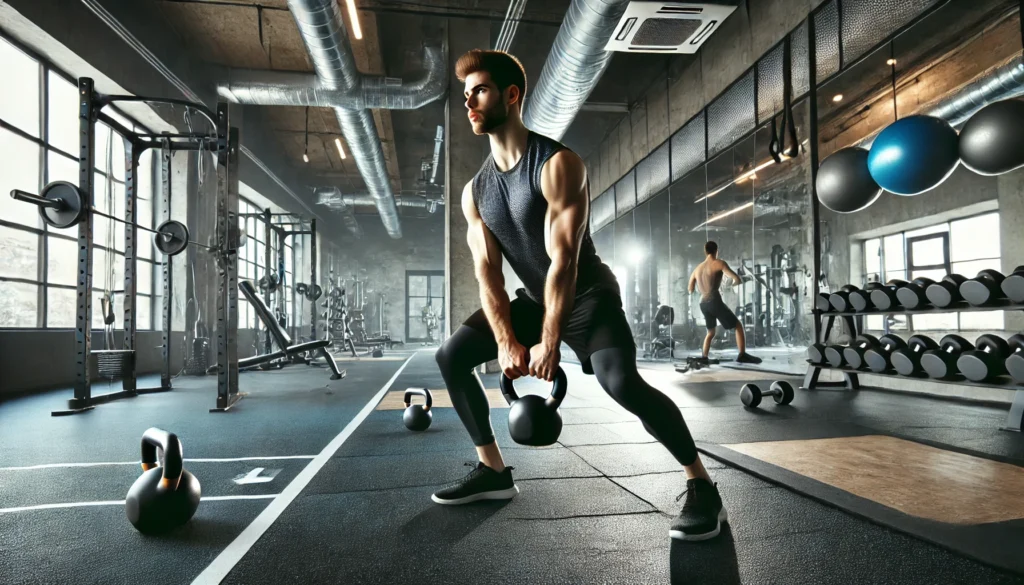 Functional Cardio Workout: Improve Endurance, Strength, and Everyday Performance 3 A fit man performing a kettlebell swing in a gym, showcasing power and focus. The modern gym setting includes rubber flooring, large mirrors, and bright overhead lighting. Various fitness equipment such as dumbbells and resistance bands are visible in the background.