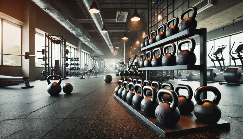 Strength Training Workouts: Build Power, Endurance, and Functional Fitness 3 A professional gym setup with multiple kettlebells arranged neatly on a rack, highlighting strength training workouts. The gym features rubber flooring, industrial-style lighting, and various strength training machines in the background, creating a focused workout environment.