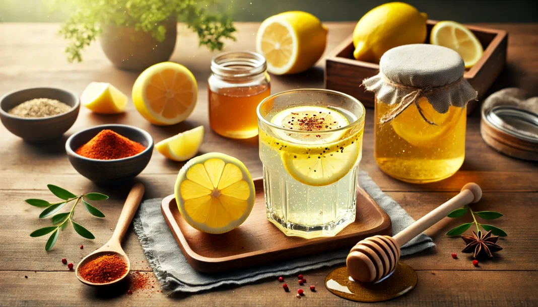 A beautifully arranged glass of lemon cayenne cleanse drink on a wooden table, featuring freshly squeezed lemon juice, a pinch of cayenne pepper, and honey in warm water. Sliced lemons, a jar of honey, and a wooden spoon with cayenne pepper complete the scene with soft natural lighting.