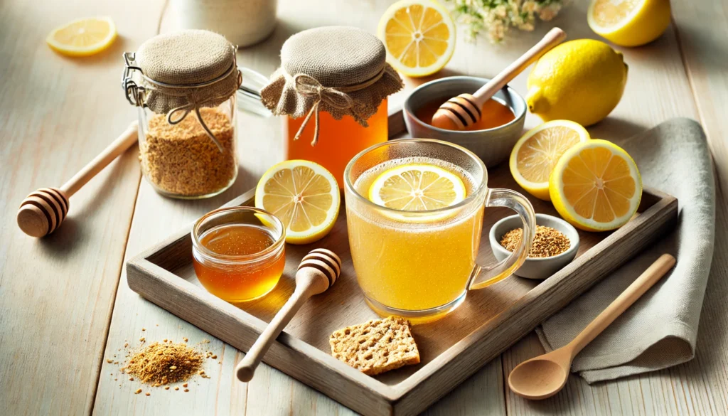 Lemon Cayenne Cleanse: How This Detox Drink Supports Liver Health and Weight Loss 3 A beautifully arranged breakfast scene featuring a lemon cayenne cleanse drink in a glass mug, accompanied by a wooden tray holding fresh lemon halves, a small dish of cayenne pepper, a honey jar, and a spoon. The setup is placed on a light wooden table with soft natural lighting.