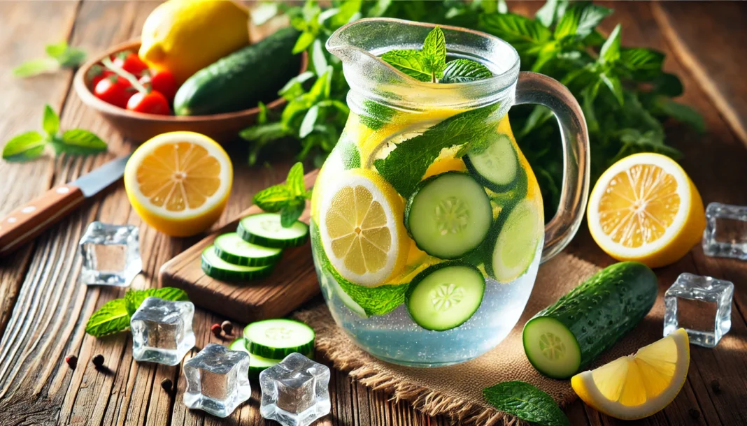 A refreshing detox water infused with sliced lemons, cucumbers, and mint leaves in a glass pitcher, surrounded by fresh ingredients on a wooden table. The drink is chilled with ice cubes, creating a fresh and hydrating aesthetic.