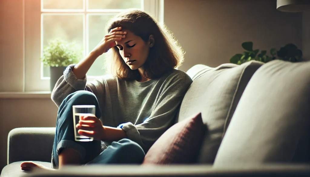 Can Too Much Iron Make You Tired? Understanding the Impact on Energy Levels 3 A tired woman sitting on a couch, struggling to stay awake. She has a drained expression, rubbing her forehead with one hand while holding a glass of water in the other. The room is softly lit with natural light, creating a calm but low-energy atmosphere.