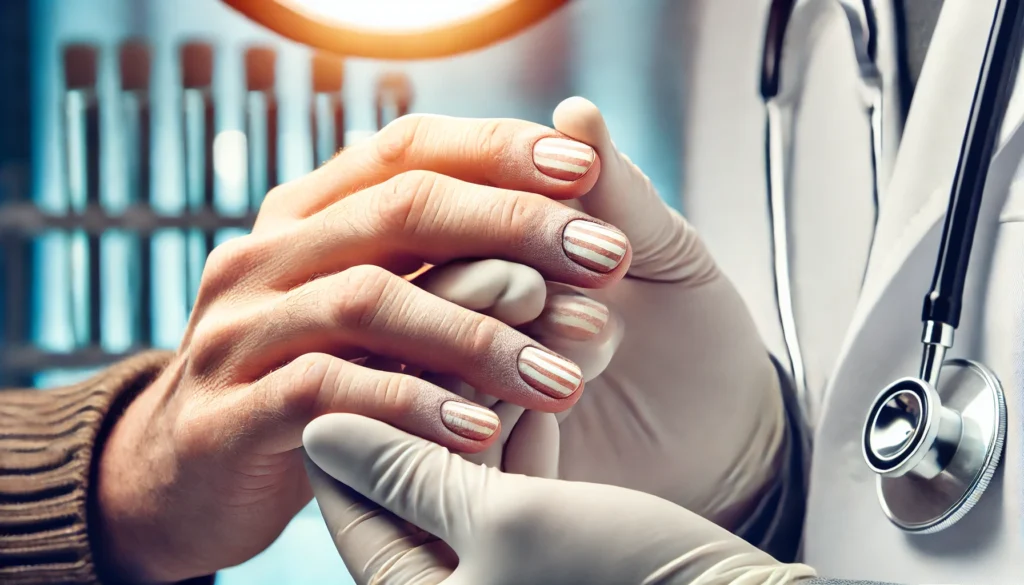 Arsenic Poisoning and Nail Changes: Signs, Causes, and Detox Strategies 3 A doctor examining a patient's fingernails for signs of arsenic poisoning. The patient's nails show white horizontal stripes (Mees' lines) and appear slightly brittle. The doctor's gloved hands gently hold the patient's fingers under bright clinical lighting, with a blurred medical examination room in the background.