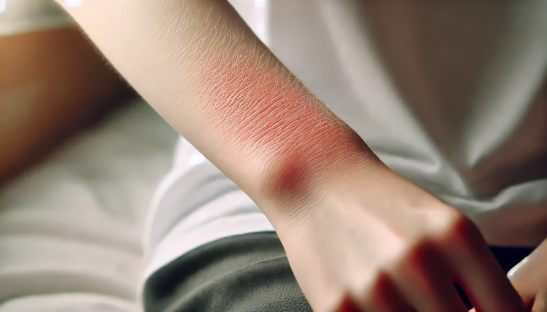 A close-up of a person's forearm with mild skin irritation, showing slight redness, faint rashes, and dryness. The skin appears subtly inflamed, representing early signs of sensitivity. The background is softly blurred, creating a neutral and clinical atmosphere.