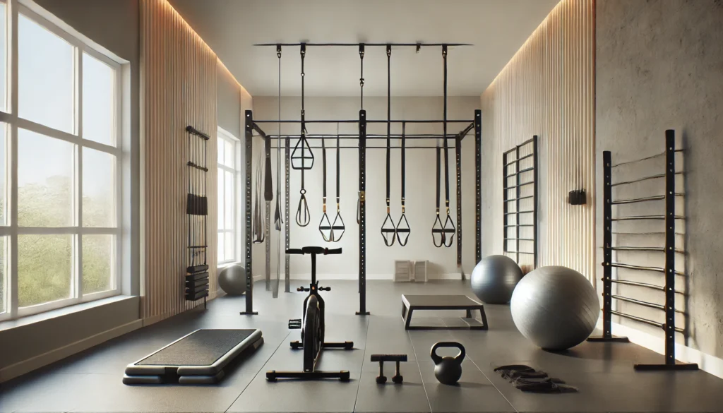 A clean and modern workout space with neatly arranged functional training equipment, including suspension trainers, resistance bands, and balance balls. The environment is bright and designed for optimal training.