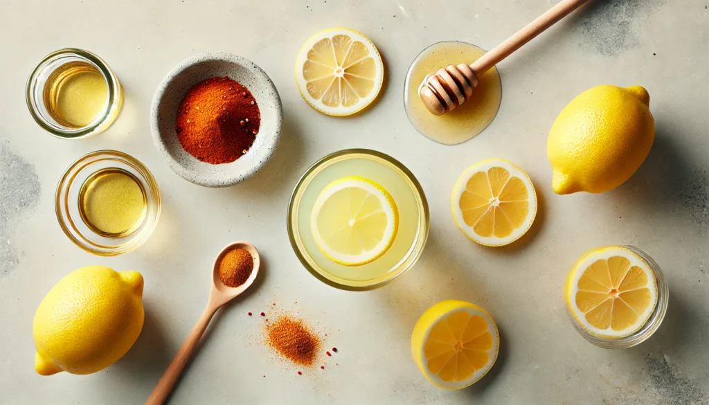 Lemon Cayenne Cleanse: How This Detox Drink Supports Liver Health and Weight Loss 2 A minimalistic top-down view of a lemon cayenne cleanse drink in a glass cup, surrounded by fresh lemon slices, a small bowl of cayenne pepper, a wooden spoon, and honey drizzled nearby. The setup is placed on a neutral-toned marble surface with soft lighting.