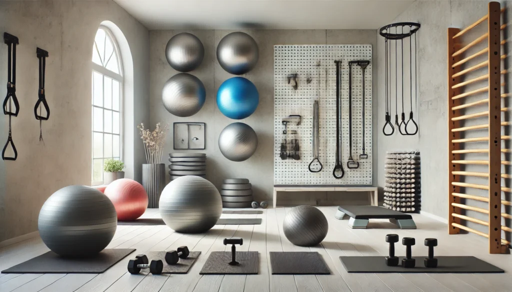 A clean and modern fitness studio with mobility training equipment, including stability balls, resistance bands, and balance boards. The space is optimized for flexibility and functional strength workouts.