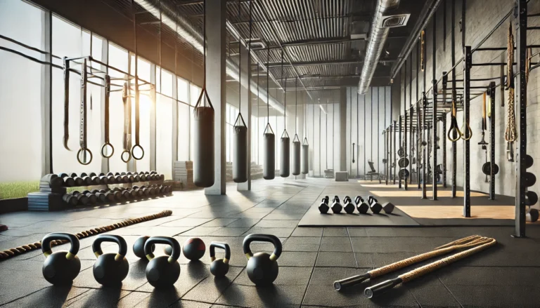 A spacious, well-lit functional training gym with kettlebells, battle ropes, and suspension trainers arranged neatly on rubber flooring. The gym features large windows that allow natural light to enhance the clean and motivating environment.