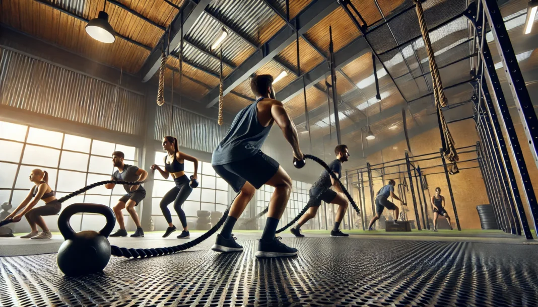 A modern gym setting with athletes performing functional strength exercises, including kettlebell swings, battle rope waves, and sled pushes. The space features rubber flooring and an industrial aesthetic, emphasizing strength and movement.
