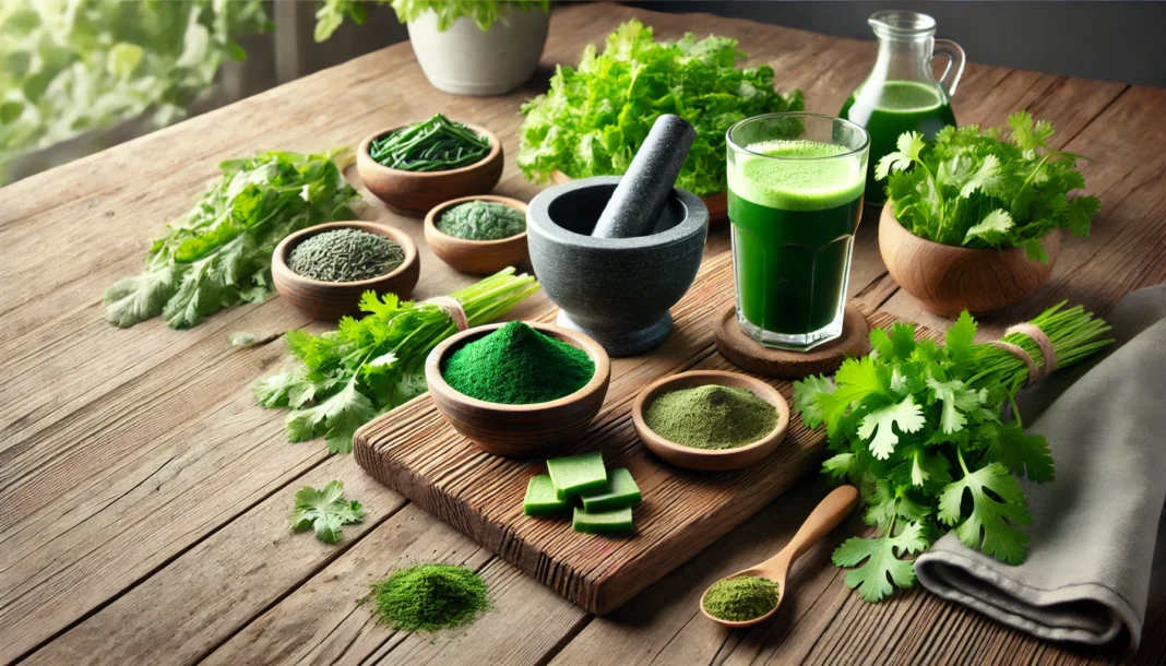 A collection of natural detox ingredients, including fresh cilantro, chlorella powder, spirulina, and leafy greens, displayed on a wooden surface. A mortar and pestle with crushed herbs and a glass of green detox juice complete the scene.
