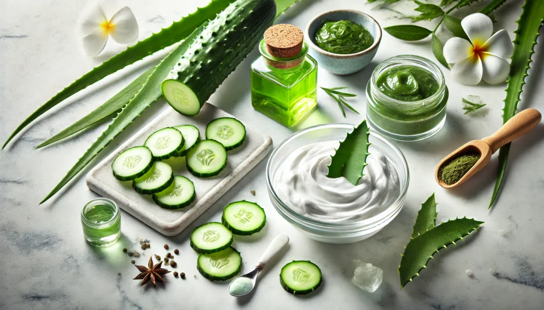 A serene skincare scene with natural detox ingredients like cucumber slices, aloe vera, and green tea placed around a glass bowl of hydrating facial mask. The composition is set on a spa-like white marble surface with soft lighting for a refreshing feel.