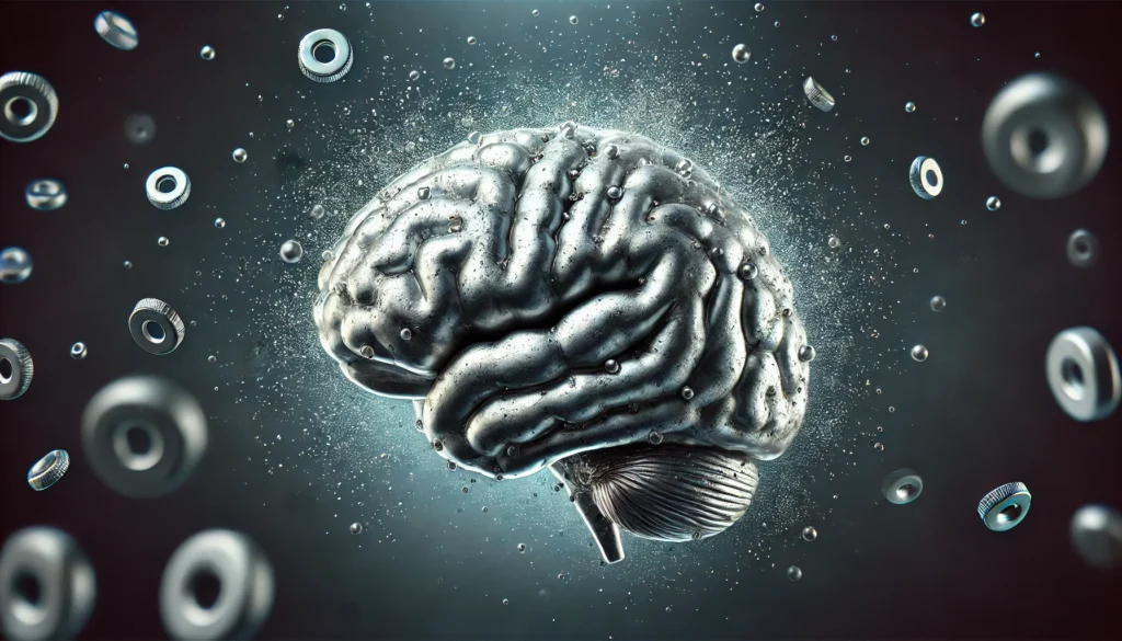 Aluminum Toxicity: Causes, Symptoms, and How to Reduce Exposure 1 A human brain model with a metallic, silvery sheen, symbolizing the accumulation of aluminum in neurological tissues. Small aluminum particles float in the air around it, creating a visual effect of heavy metal exposure. The dark background highlights potential neurotoxic effects.