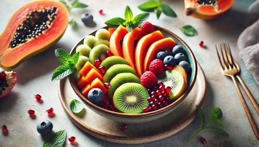 Fruits for Gut Health: The Best Natural Choices to Aid Digestion and Support Wellness 1 A beautifully arranged bowl filled with sliced papaya, kiwi, berries, and pomegranate seeds, garnished with a sprig of mint, placed on a neutral-toned background with soft lighting.