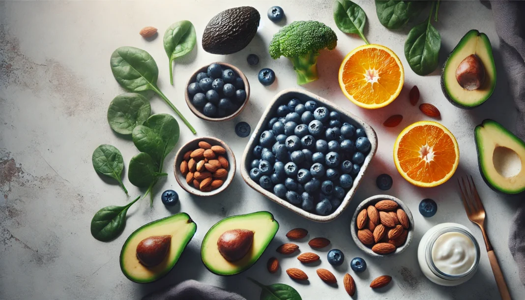A visually appealing assortment of skin-nourishing foods, including blueberries, oranges, avocados, almonds, and leafy greens, arranged on a neutral background with soft natural lighting.