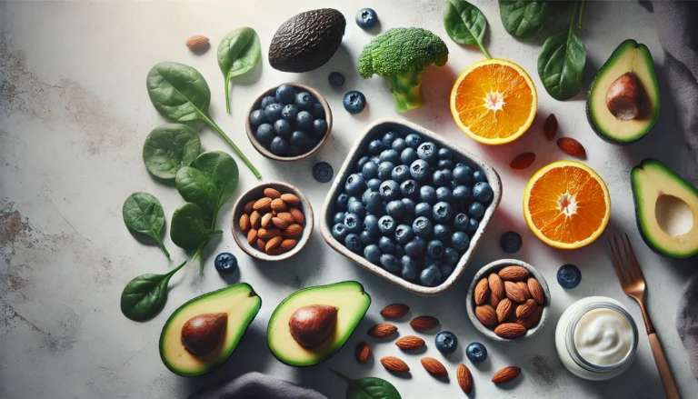 A visually appealing assortment of skin-nourishing foods, including blueberries, oranges, avocados, almonds, and leafy greens, arranged on a neutral background with soft natural lighting.