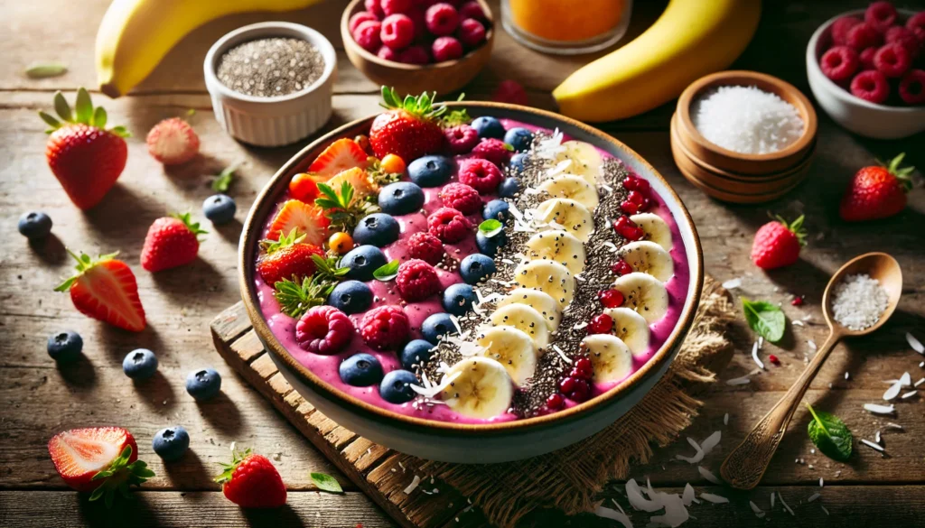 Fruit and Vegetable Diet: How Eating More Produce Boosts Health and Detoxification 2 A colorful smoothie bowl made from blended fruits and vegetables, topped with fresh berries, sliced bananas, chia seeds, and shredded coconut, placed on a rustic wooden table with natural lighting.