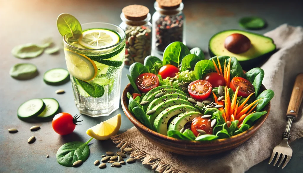 Detox from Processed Foods: How to Reset Your Body with Whole Nutrition 2 A rustic ceramic bowl filled with a colorful detox salad made of leafy greens, avocados, cherry tomatoes, carrots, and seeds. A glass of infused detox water with lemon and cucumber sits beside the bowl, highlighting the vibrant colors and nutrient-rich ingredients.