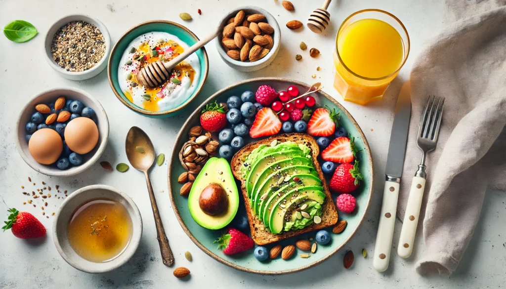 Avoiding Processed Foods: Best Non-Processed Food Diets for Better Health 3 A colorful and nutritious breakfast plate featuring non-processed foods, including avocado toast on whole grain bread, fresh berries, nuts, and a bowl of Greek yogurt topped with honey and seeds. A glass of freshly squeezed orange juice completes the bright, minimalist table setting.