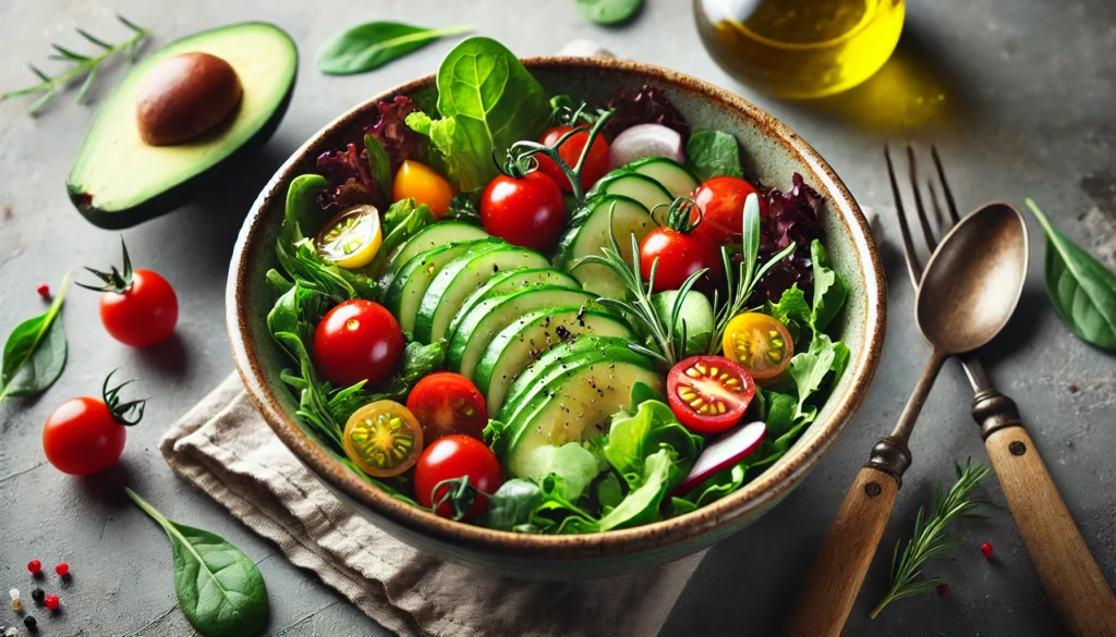 Clean Food List: The Best Nutrient-Dense Foods for a Healthier Diet 1 A fresh and colorful salad made with organic greens, cherry tomatoes, cucumbers, avocado, and a light drizzle of olive oil. The ingredients are arranged in a ceramic bowl, showcasing their vibrant colors and natural appeal.