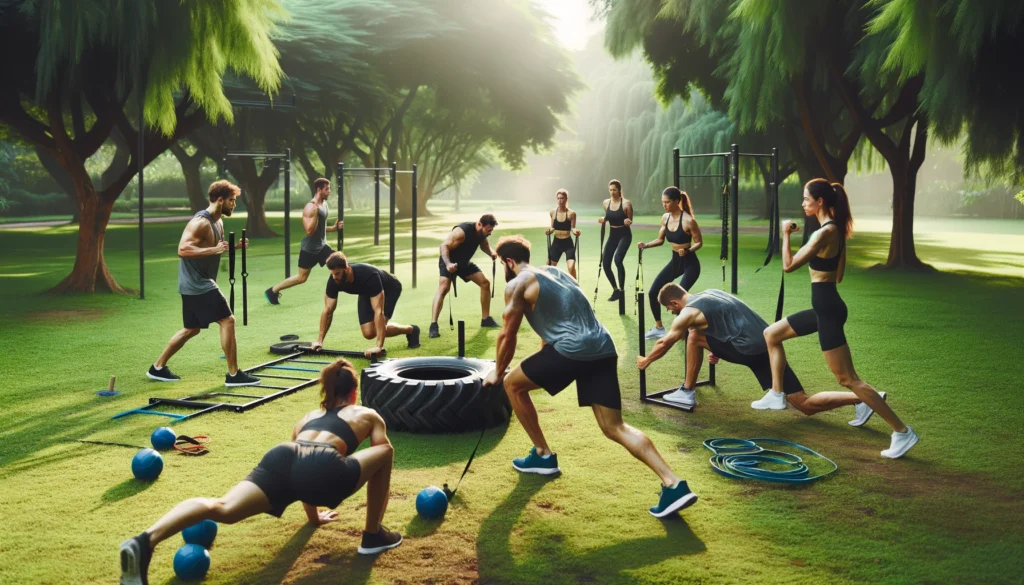 A diverse group of individuals performing functional fitness exercises in a park, including tire flipping, sled pushing, resistance band training, and agility ladder drills. The setting is surrounded by greenery, creating an energetic and refreshing workout environment.