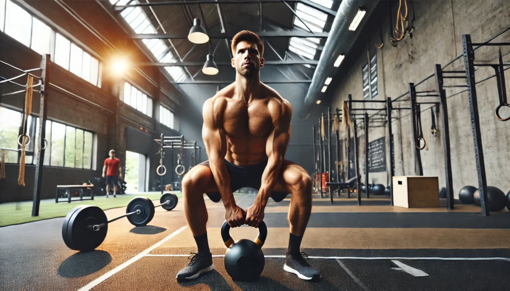 Functional Upper Body Workout: Enhance Strength, Mobility, and Everyday Performance 2 A muscular man performing kettlebell presses in a gym, lifting a heavy kettlebell overhead with proper form while engaging his shoulders, arms, and core. The gym has a modern design with bright lighting, rubber flooring, and various workout equipment such as pull-up bars and dumbbells in the background.
