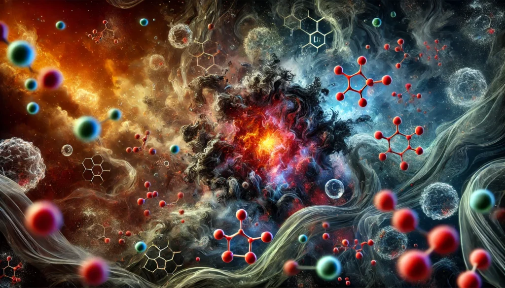 Free Radicals and Antioxidants: How to Protect Your Body from Oxidative Stress 2 An artistic visualization of oxidative stress caused by free radicals, featuring chaotic dark energy damaging healthy cells. Vibrant antioxidant molecules contrast by neutralizing the effects, symbolizing the balance between cellular damage and repair.