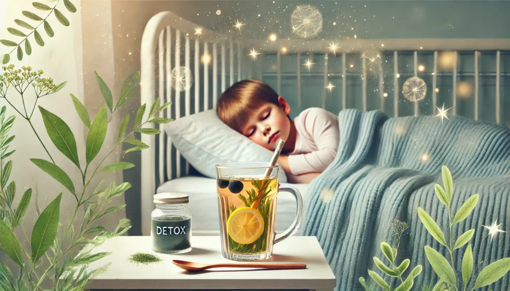 Heavy Metal Detox for Kids: Safe and Effective Ways to Reduce Toxic Exposure 1 A serene image of a child sleeping soundly in a cozy bedroom with soft lighting. A glass of warm herbal detox tea infused with chamomile and lemon rests on the nightstand, symbolizing gentle nighttime detoxification and relaxation. The atmosphere is dreamy and calming.