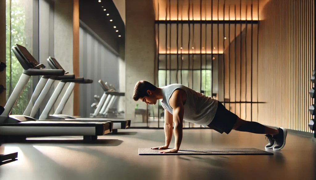 A fit individual performing a plank exercise on a yoga mat in a well-lit modern gym. The gym has a clean, minimalist design with soft natural lighting.