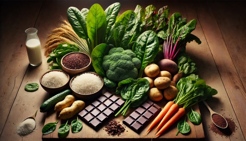 Foods High in Heavy Metals: What to Avoid and How to Reduce Exposure 2 A visually striking display of plant-based foods that may have heavy metal contamination, including rice, leafy greens like spinach, root vegetables such as carrots and potatoes, and dark chocolate bars, arranged on a wooden table with natural lighting.