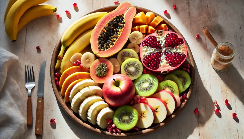 Fruits for Gut Health: The Best Natural Choices to Aid Digestion and Support Wellness 3 A top-down view of a gut-health fruit platter featuring sliced bananas, papaya, kiwi, apples, and pomegranate seeds, arranged on a round wooden tray with bright natural lighting.