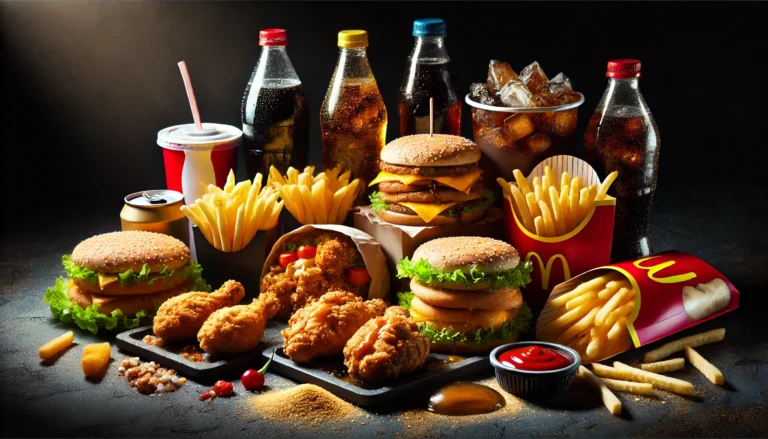 A visually striking assortment of unhealthy processed fast foods, including burgers, fries, fried chicken, and soda, displayed on a dark background to emphasize their greasy and artificial textures.