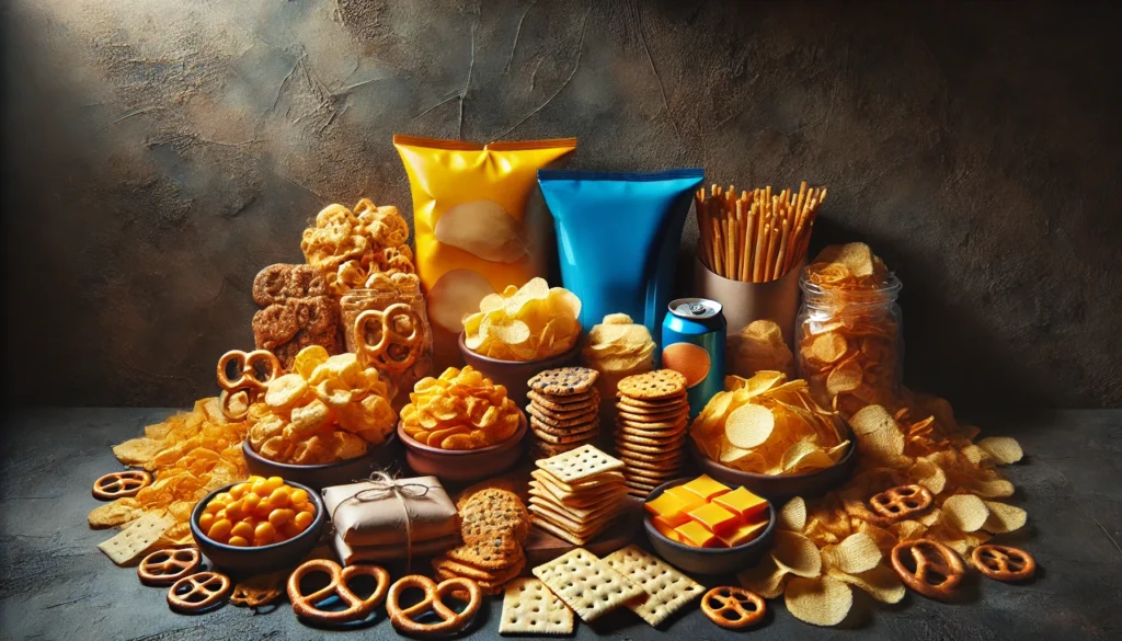 Foods to Avoid While Detoxing: What to Cut for a Successful Cleanse 3 An overflowing display of processed snack foods, including potato chips, cheese puffs, pretzels, and packaged crackers, arranged on a dark, textured background to highlight their artificial nature.