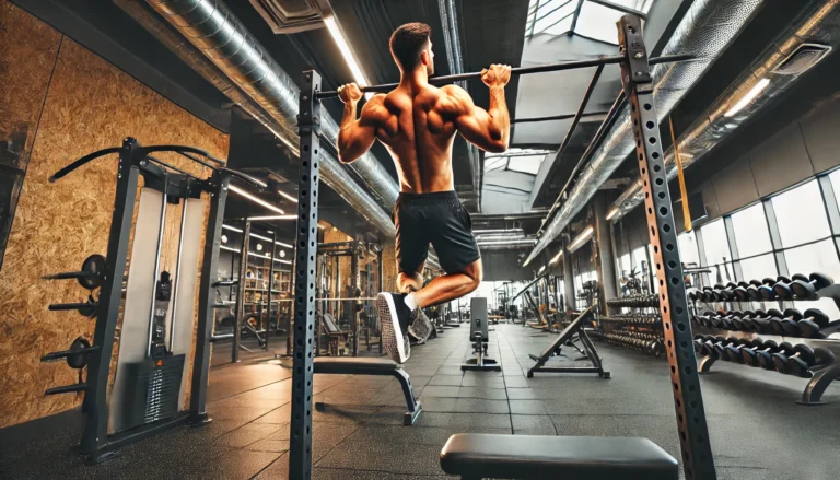 A fit man performing pull-ups on a sturdy bar in a modern gym, engaging his upper body muscles for strength and endurance. The gym has an industrial design with rubber flooring, workout stations, and bright overhead lighting. Various fitness equipment, such as dumbbells and resistance bands, is visible in the background.