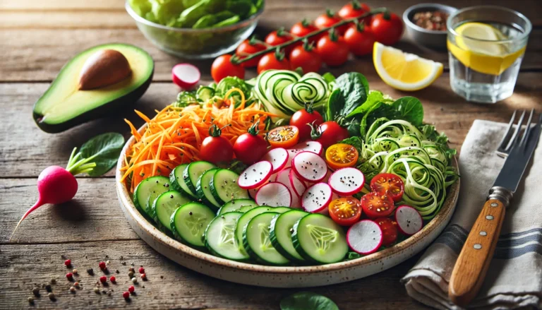 A vibrant plate of raw detox foods, including sliced cucumbers, cherry tomatoes, shredded carrots, radish slices, and leafy greens. The plate is arranged on a rustic wooden table with avocado slices and a lemon wedge on the side. Natural light enhances the freshness and colors, with a softly blurred background.