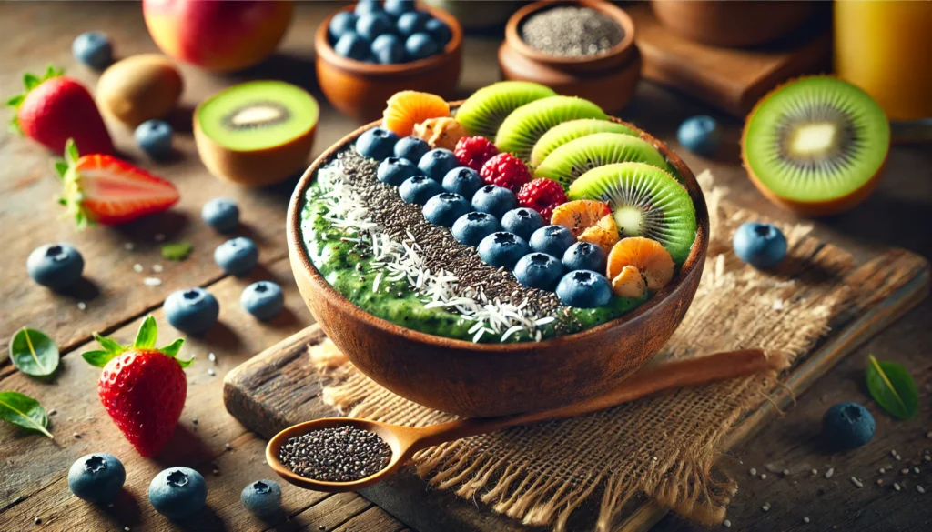 Raw Food Detoxification: How a Raw Food Detox Can Help Cleanse Your Body Naturally 2 A detox smoothie bowl made from blended raw fruits and vegetables, topped with fresh blueberries, sliced kiwi, shredded coconut, and chia seeds. The bowl is placed on a rustic wooden table with a wooden spoon beside it. Natural lighting enhances the bright colors, with fresh ingredients scattered in the softly blurred background.