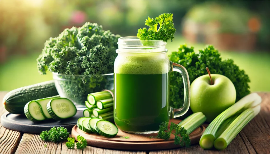 Raw Food Detoxification: How a Raw Food Detox Can Help Cleanse Your Body Naturally 3 A glass jar of raw green detox juice made from fresh ingredients like kale, cucumber, celery, and green apple. The jar sits on a wooden table with whole and sliced ingredients arranged beside it. Soft natural lighting highlights the freshness and health benefits, with a blurred outdoor garden in the background.
