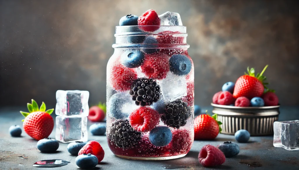 Berries High in Antioxidants: Boost Your Health with Nature’s Superfoods 3 A refreshing berry-infused detox water in a glass jar, filled with antioxidant-rich berries such as blueberries, raspberries, and blackberries. The drink is chilled with ice cubes, with condensation forming on the glass, enhancing the sense of freshness and hydration.
