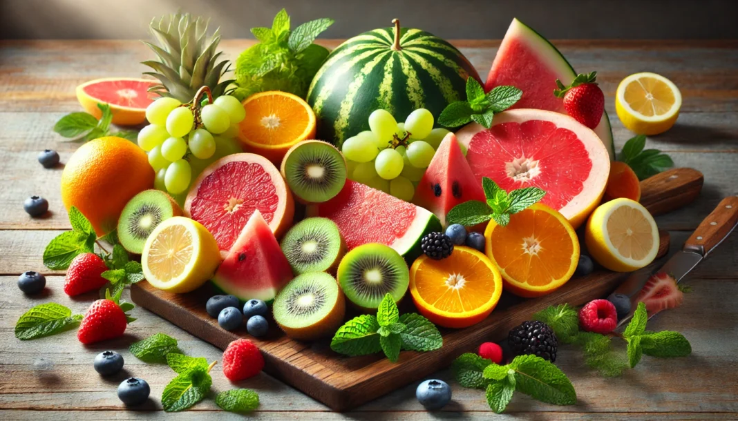 A refreshing display of detoxifying fruits arranged on a wooden cutting board, including lemon slices, oranges, grapefruit, kiwi, watermelon, berries, and fresh mint leaves. Natural lighting enhances the vibrant colors and fresh textures.
