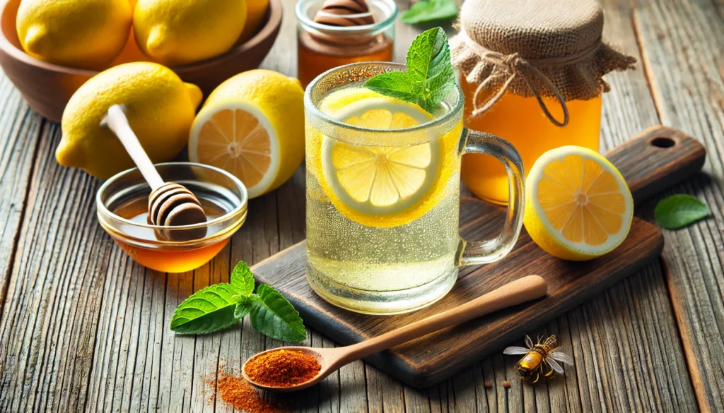 Lemon Cayenne Cleanse: How This Detox Drink Supports Liver Health and Weight Loss 1 A close-up of a transparent glass mug filled with lemon cayenne detox drink, garnished with a lemon slice. Surrounding the glass are fresh lemons, a wooden spoon with cayenne pepper, a jar of honey, and a bowl of warm water, all placed on a rustic wooden countertop.
