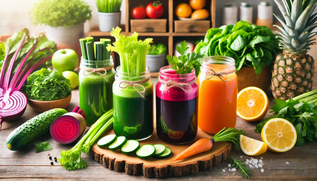 A selection of freshly made weight-loss juices in glass jars, including green detox juice, beetroot juice, pineapple-ginger juice, and citrus-infused orange juice. The jars are arranged on a rustic wooden table with fresh ingredients in a bright kitchen setting.