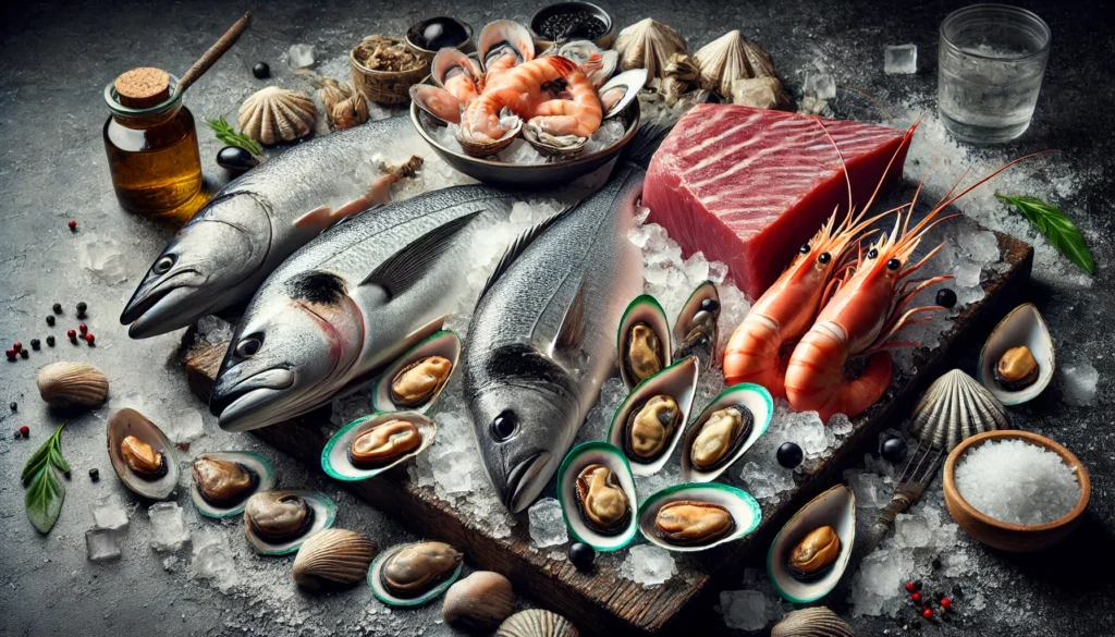 Foods High in Heavy Metals: What to Avoid and How to Reduce Exposure 1 A detailed image of seafood that may contain high levels of heavy metals, featuring raw shellfish such as shrimp and mussels, along with large fish like tuna and swordfish, arranged on a bed of crushed ice against a dark, rustic kitchen backdrop.