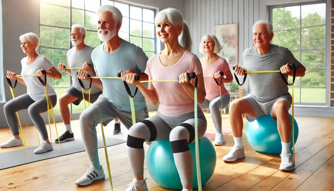 A group of senior adults participating in a functional fitness workout in a bright, spacious gym. They are performing strength and balance exercises using resistance bands, light dumbbells, and stability balls. The gym has a modern, welcoming atmosphere with large windows and natural lighting.